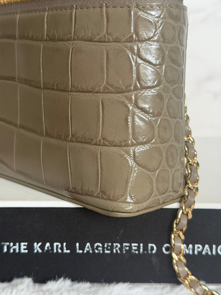 CHANEL 26A Etoupe Khaki Croc Embossed Calf skin LGHW LP Long Vanity size Medium 23 cms with detachable chain 2026