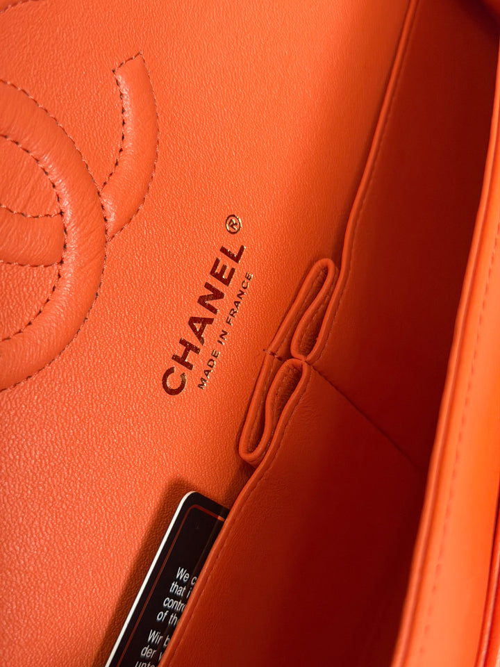 CHANEL 20S Orange Lambskin LGHW Medium ML Timeless Classic Double Flap Bag