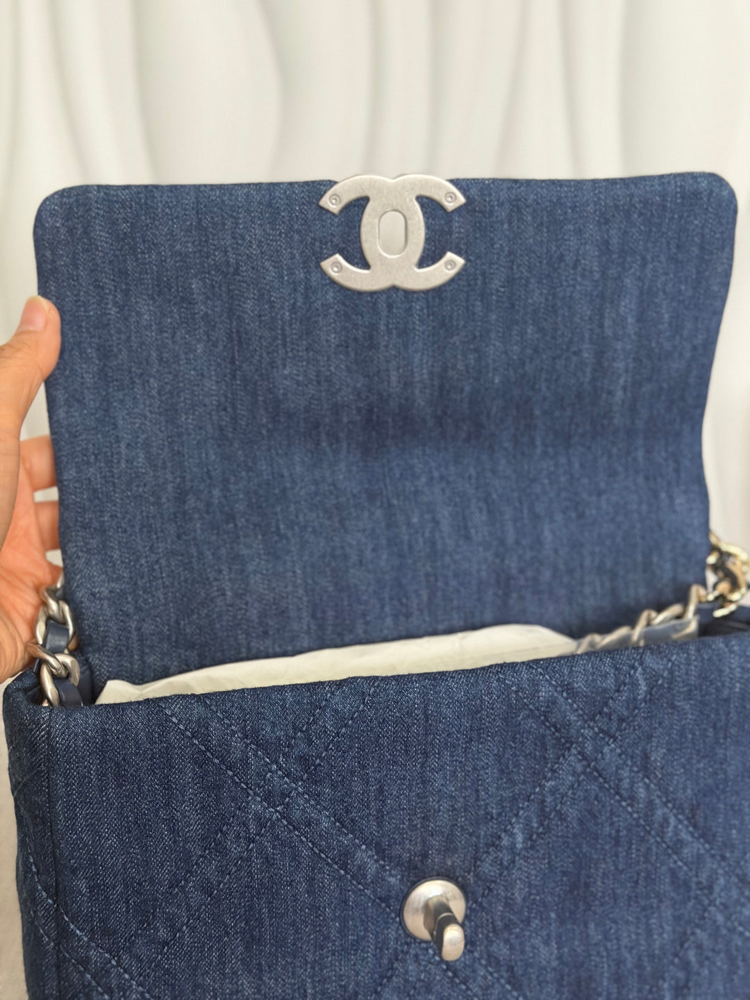 CHANEL 19 size Small Dark Denim SHW Flap Bag with Top Handle