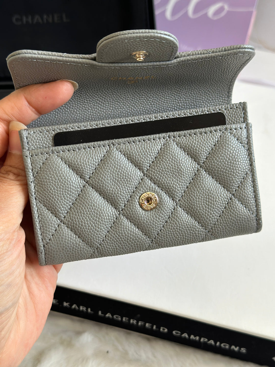 Chanel 22B NJ531 Grey Caviar LGHW Classic Snap/Flap Card Holder