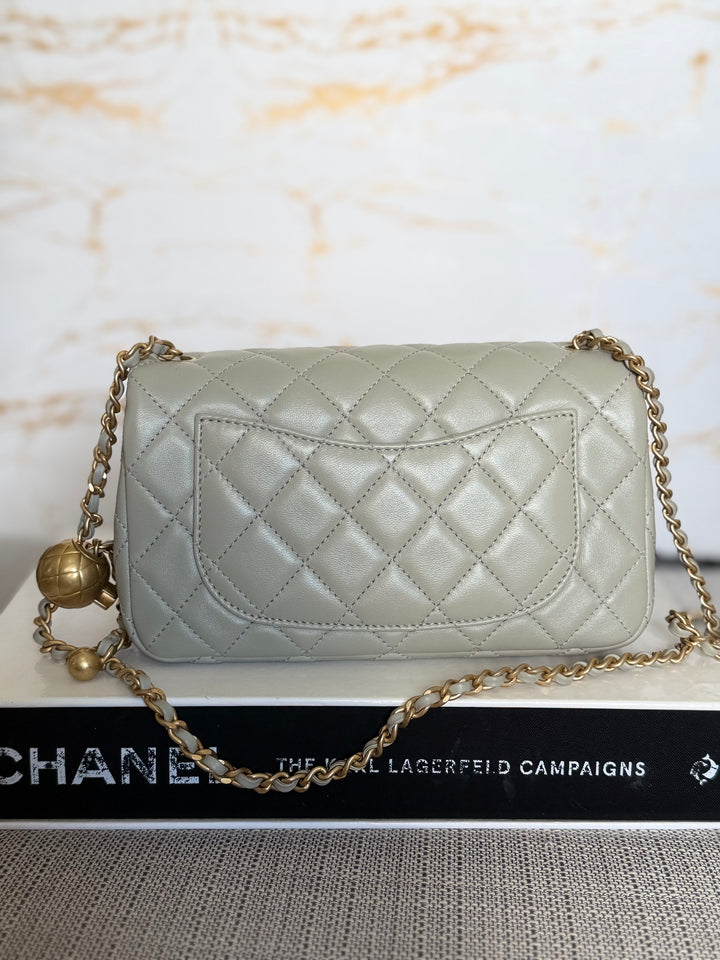 CHANEL Grey Lambskin Aged GHW Pearl Crush Adjustable Chain Mini Rectangular Flap Bag 2021