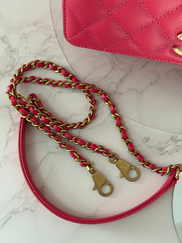 Chanel 23P Collection 2023 Dark Pink Caviar Aged GHW Coco Handle with Detachable Strap and enchained handle size Small