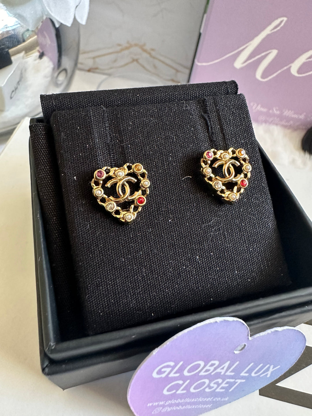 Chanel 21A Heart Multi coloured gems Gold tone earrings