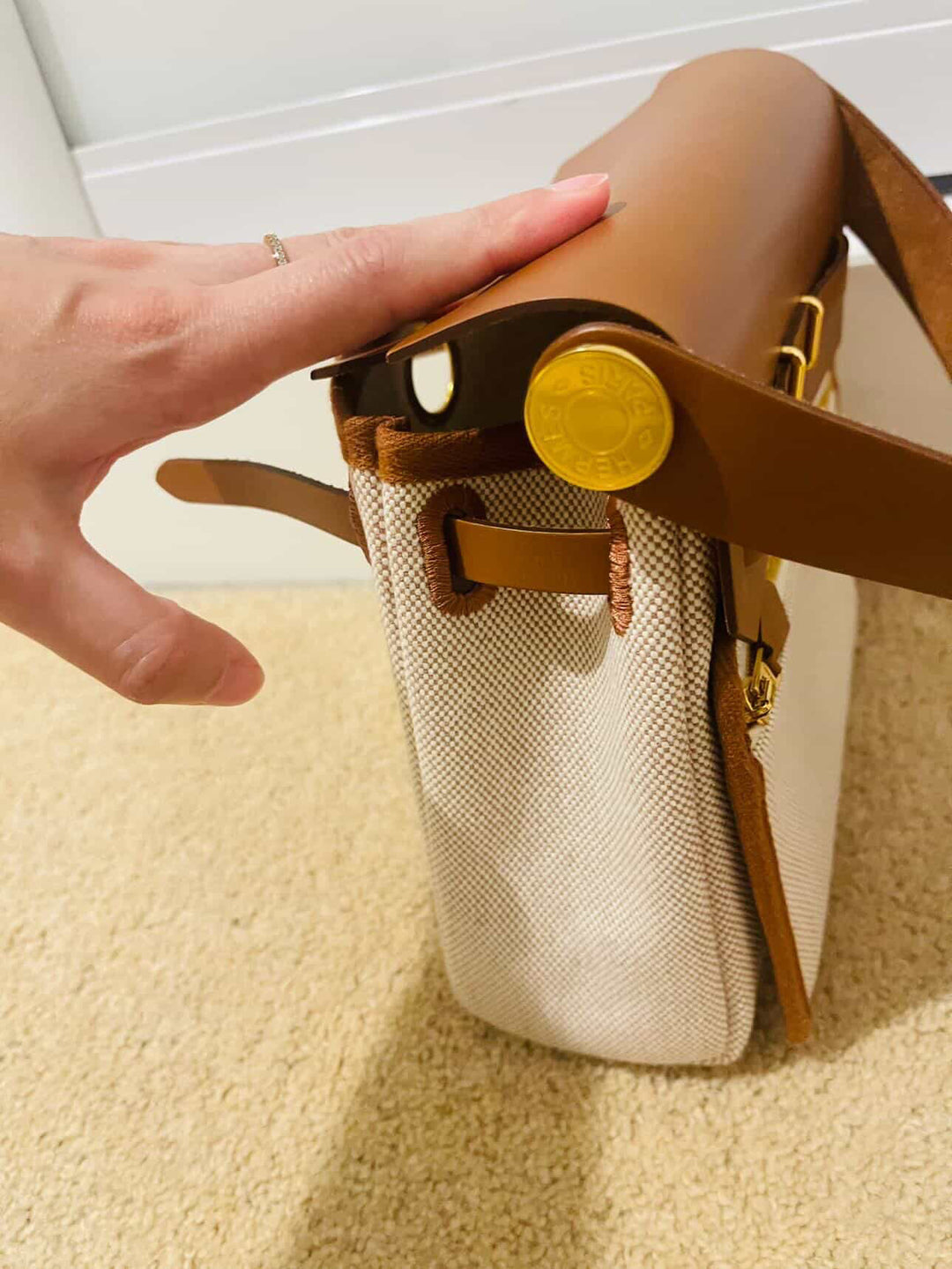 Hermes Herbag 20 Zip Ecru/Fauve Toile H Vache Hunter Leather Size Mini