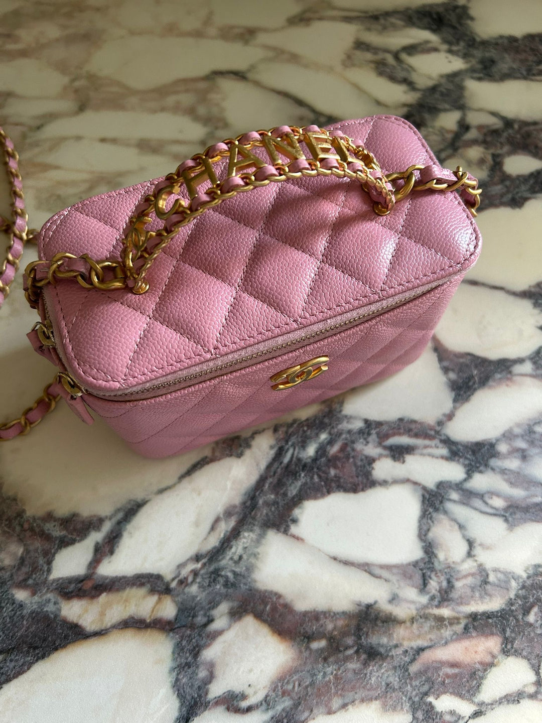 CHANEL 22S Mauve Pink Caviar Aged GHW SMALL Vanity with Metal and Leather top handle 2022