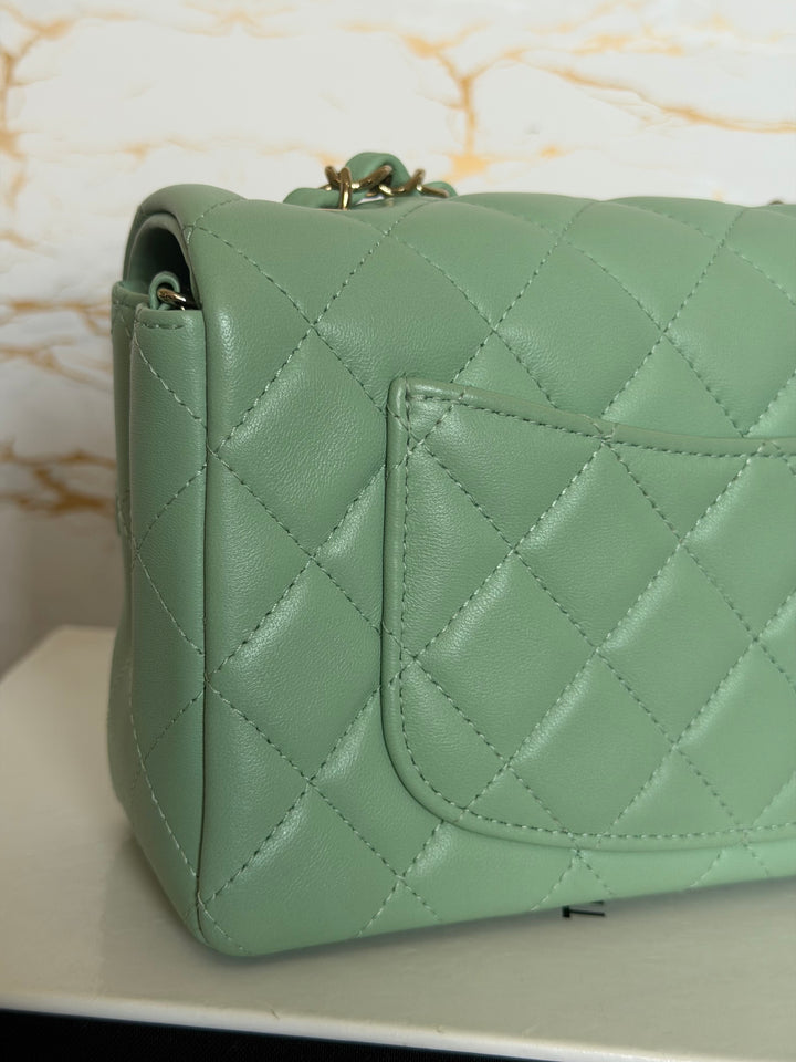 CHANEL Pastel Green Lambskin LGHW Mini Rectangular Flap Bag 2024 8 inches 20 cms