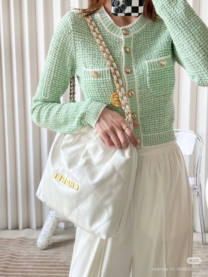 CHANEL 21C Green and White Knitted Cardigan size EU 34 2021