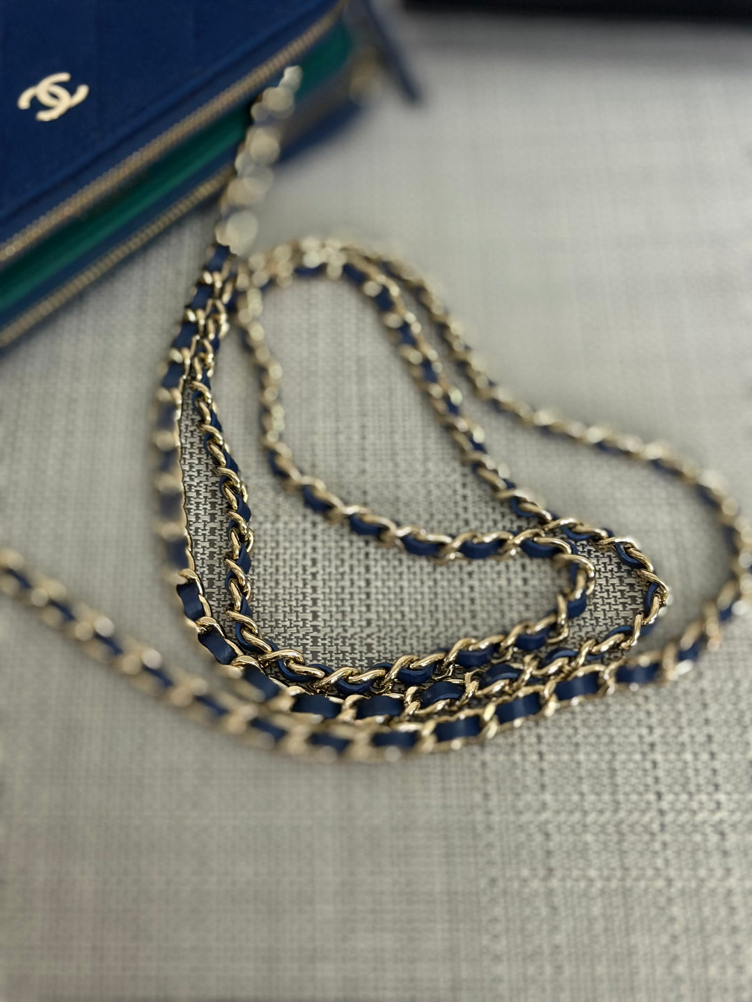 CHANEL series 28 Blue Jersey With Green Fabric Lining O Diver Wallet on Chain Phone Holder LGHW