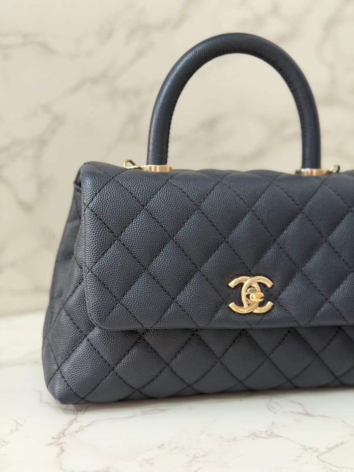 CHANEL series 30 2020 Navy Blue Caviar LGHW Small Coco Handle Flap Bag with Detachable Strap