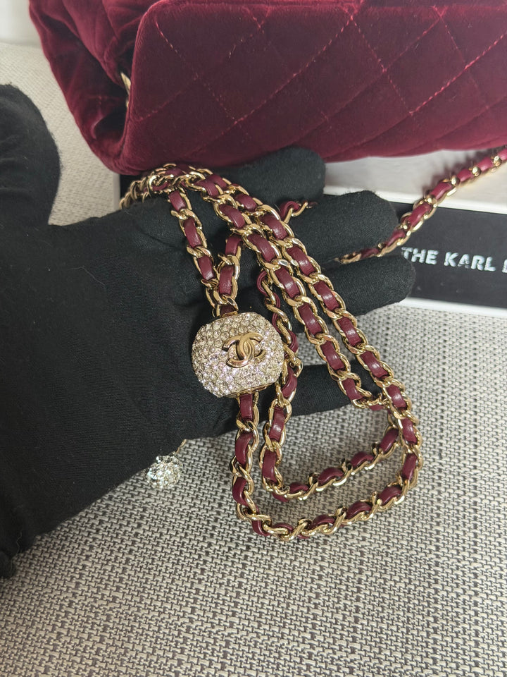 CHANEL series 31 Burgundy Dark Red Velvet Crystal Pearl Crush Adjustable Strap Mini Rectangular Flap Bag 2020/2021