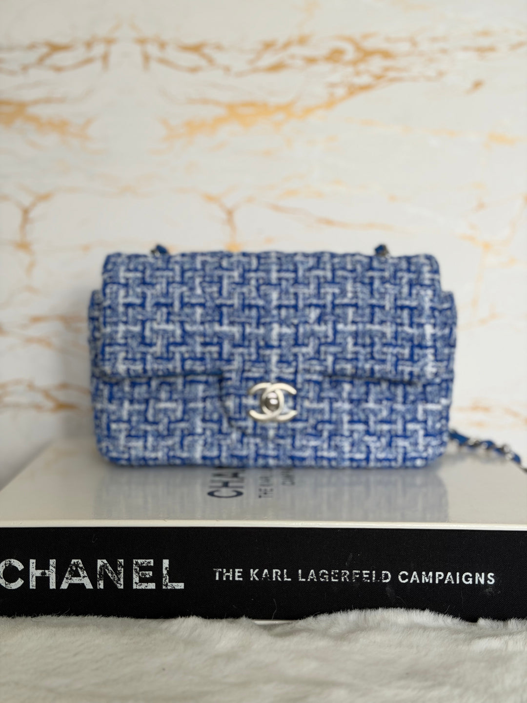CHANEL 23P Cobalt Blue Muti Coloured Tweed Brushed SHW Mini rectangular flap bag 2023