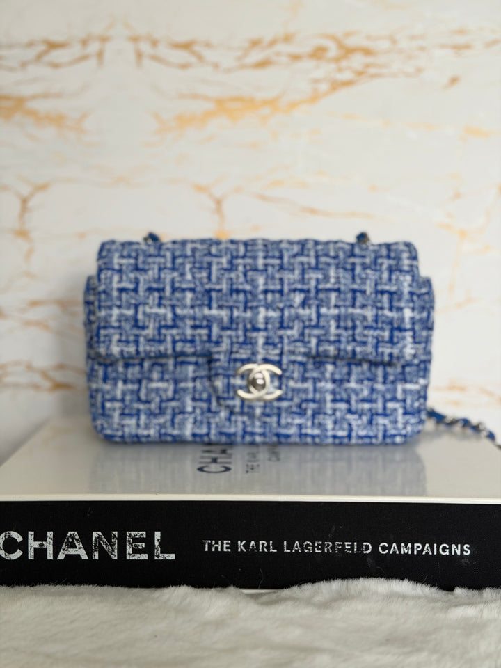 CHANEL 23P Cobalt Blue Muti Coloured Tweed Brushed SHW Mini rectangular flap bag 2023