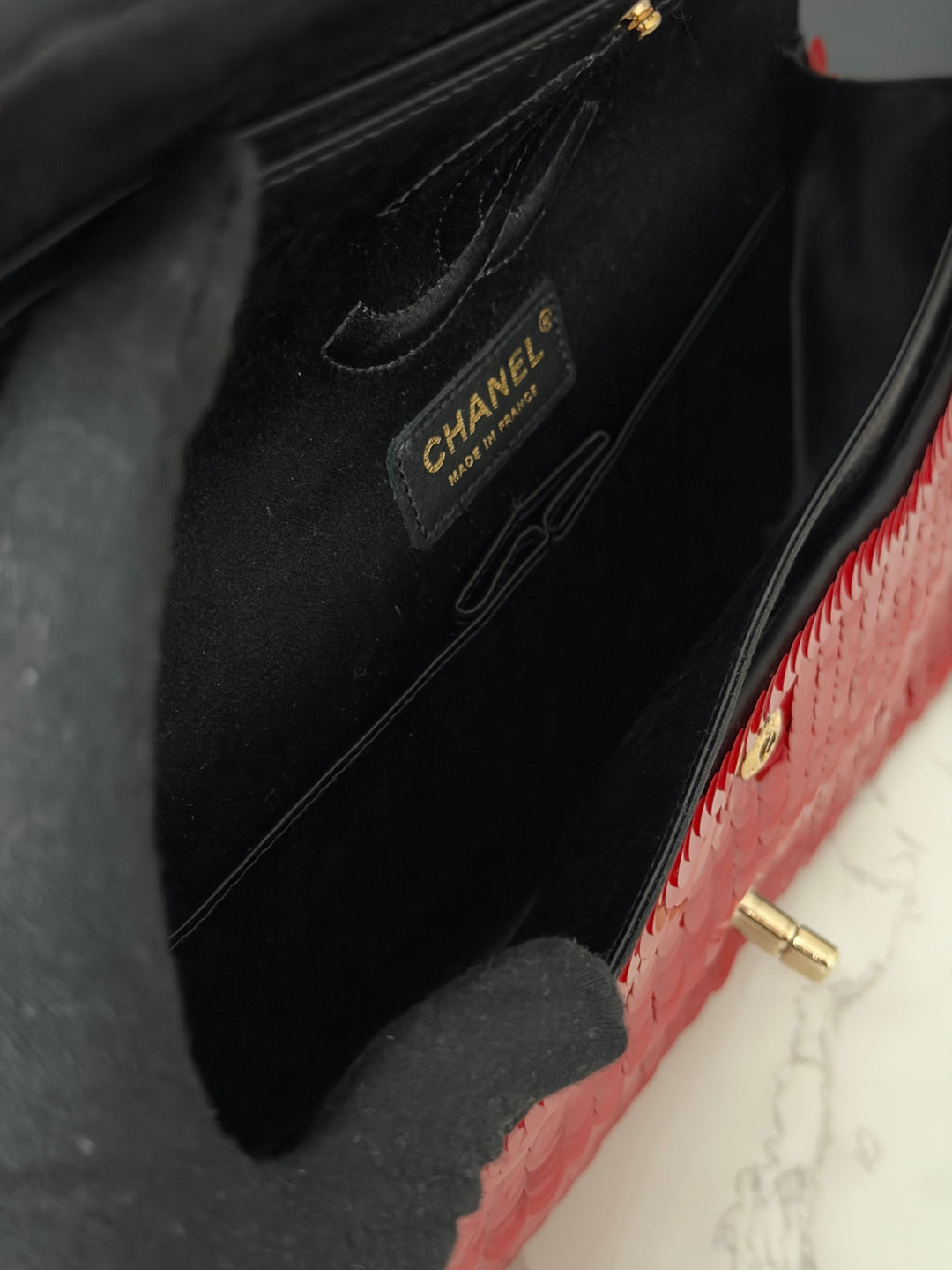 CHANEL series 13 2010 Red Sequin and Black Satin Paris-Shanghai Medium Flap Bag Gold Hardware