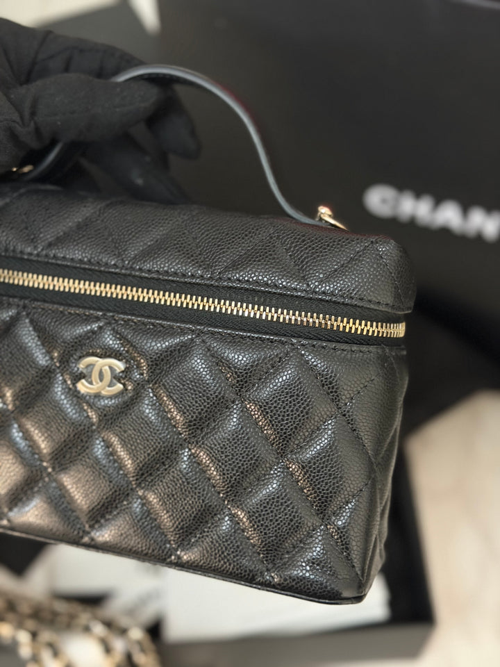 CHANEL Black Caviar LGHW Long Vanity with top handle and detachable chain