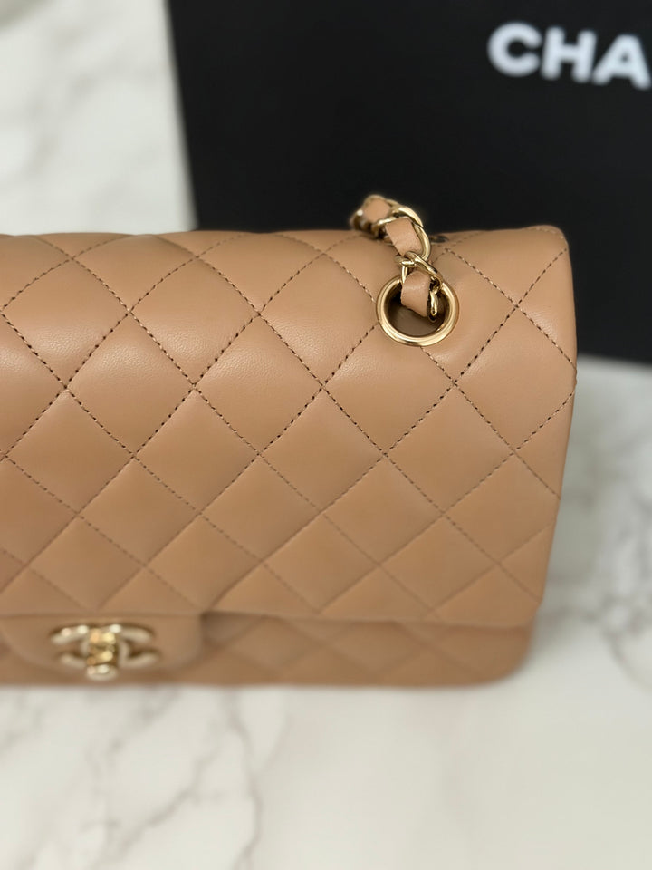 CHANEL 22K collection 2022 Dark Beige Lambskin LGHW Medium ML Timeless Classic Double Flap Bag