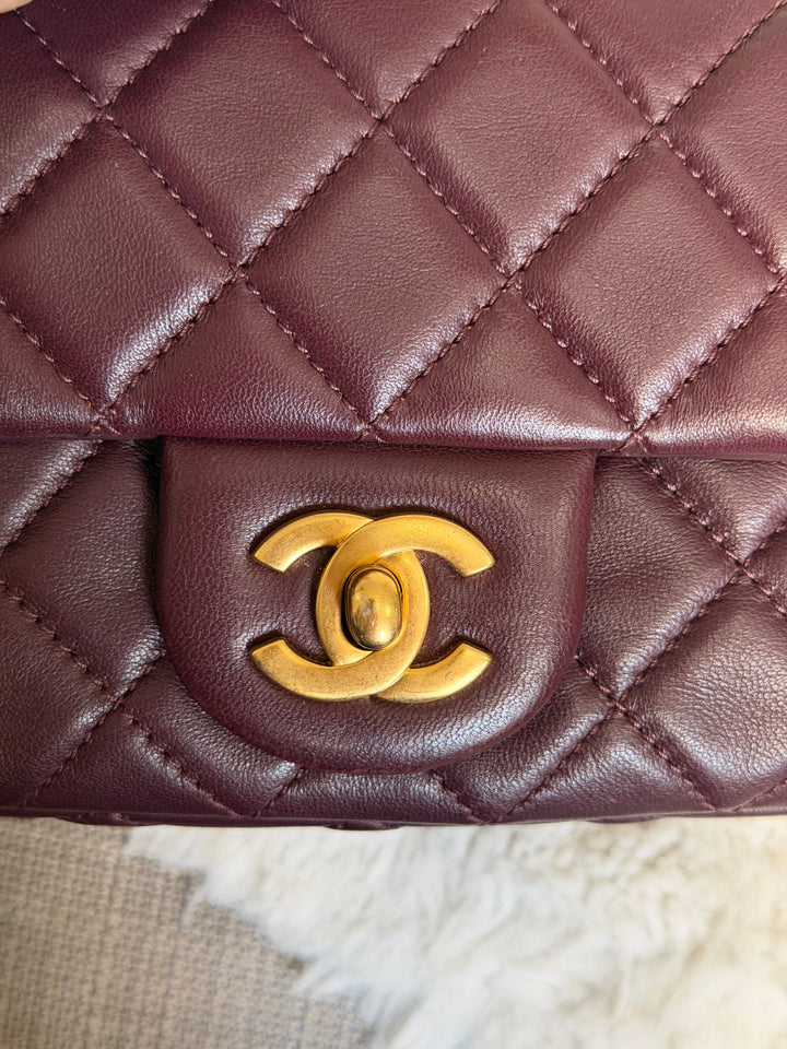 CHANEL 21B Burgundy Lambskin Aged GHW Pearl Crush Mini Rectangular Flap Bag 2021