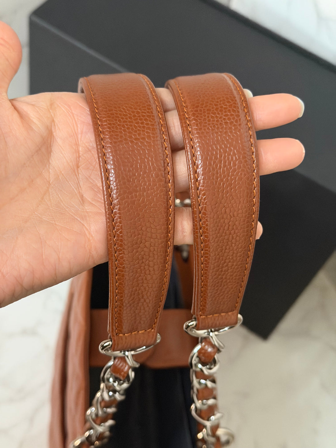 CHANEL series 19 Brown/Tan Caviar Petite Shopping Tote (PST) Bag