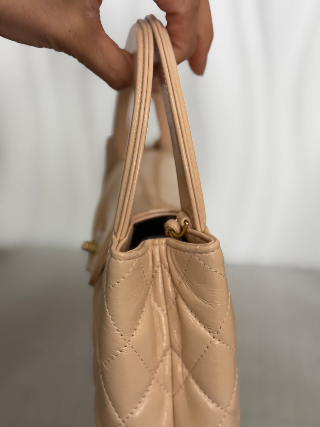 CHANEL 25C Powder Beige Calf Skin aged GHW Kelly Nano Shopping Bag Size Small 19 cms