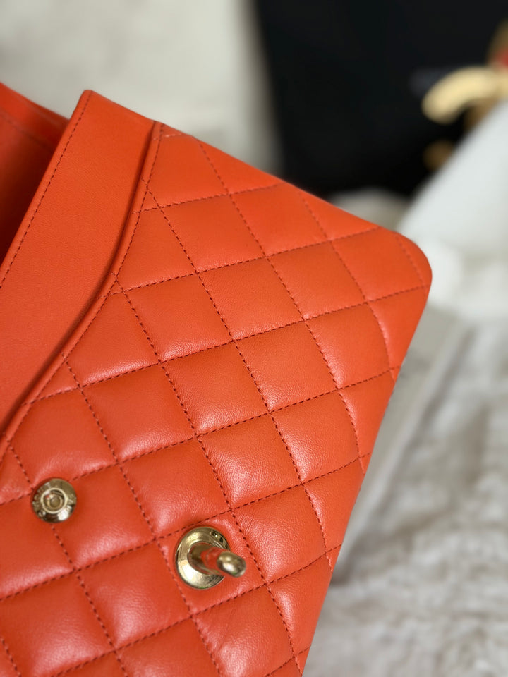 CHANEL 20S Orange Lambskin LGHW Medium ML Timeless Classic Double Flap Bag