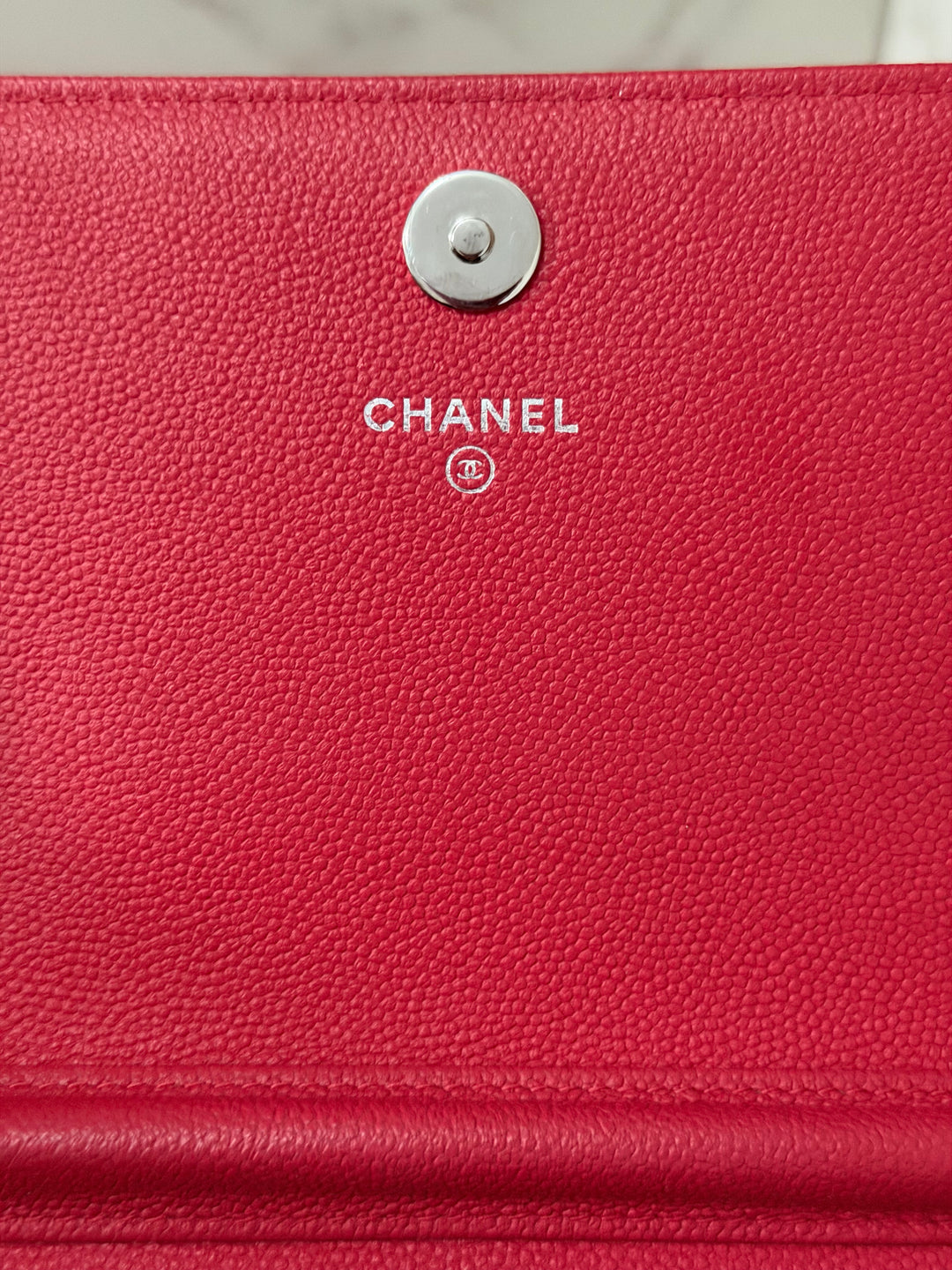 CHANEL series 25 2018 Dark pink chevron caviar SHW Square Wallet On Chain (WOC)