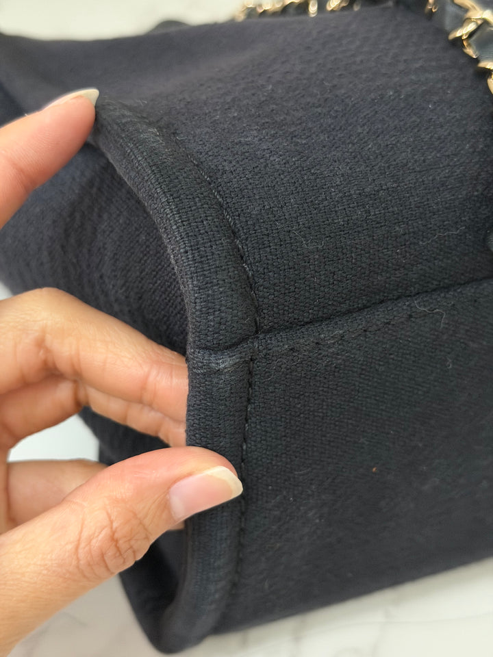 CHANEL 22B 2022 Black Tweed Deauville Tote size Small with Top Handle LGHW and Detachable Pouch