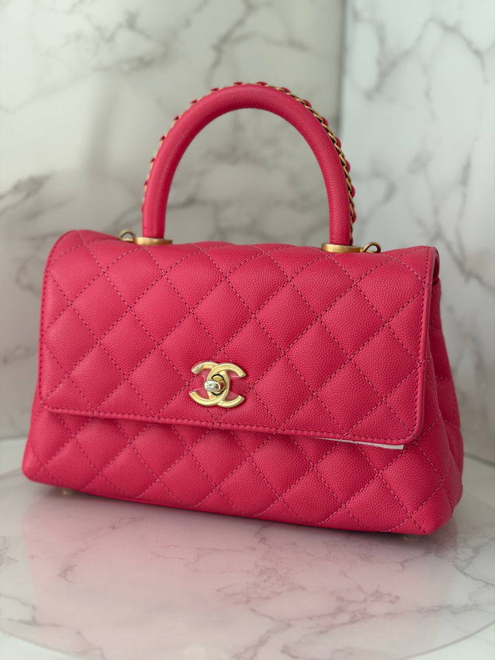 Chanel 23P Collection 2023 Dark Pink Caviar Aged GHW Coco Handle with Detachable Strap and enchained handle size Small