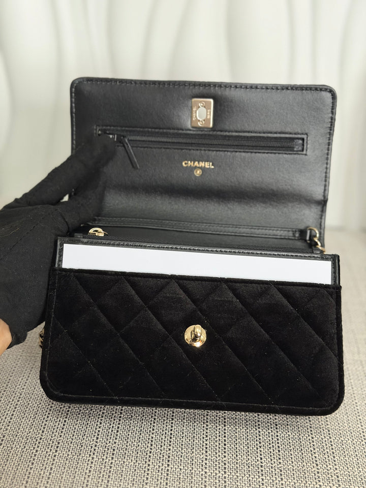 CHANEL 2025 Black Velvet Crystal Pearl Crush Adjustable Strap Wallet on Chain (WOC)