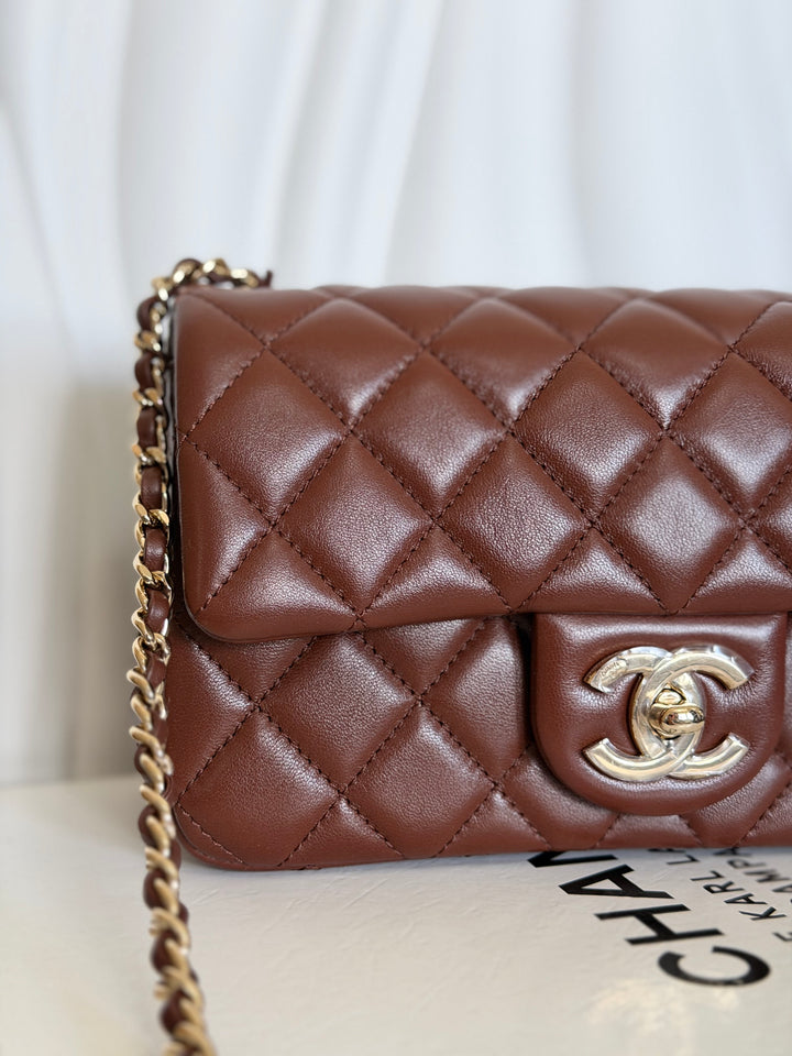 CHANEL 26S Brown Lambskin Adjustable Chain LGHW Mini Rectangular Flap Bag 2026