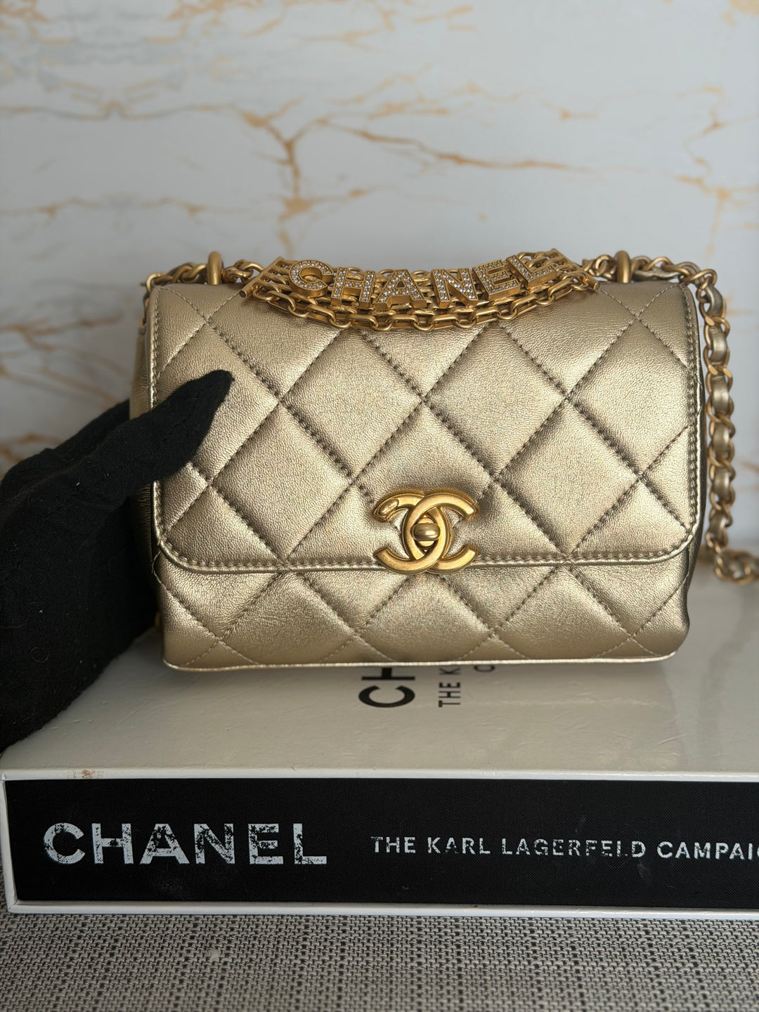 CHANEL Gold Metallic Lambskin CC Crystal Logo Chain Flap Bag 2022