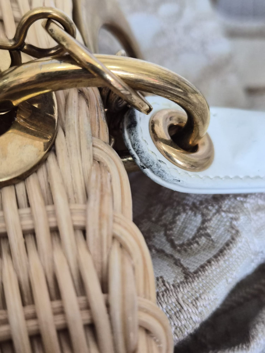 DIOR Lady Dior White/Gold Wicker Bag size SMALL with Guitar Strap