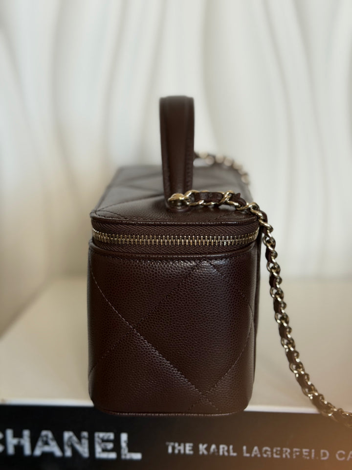 CHANEL 26S Dark Brown Caviar LGHW Small Vanity Case with Top Handle