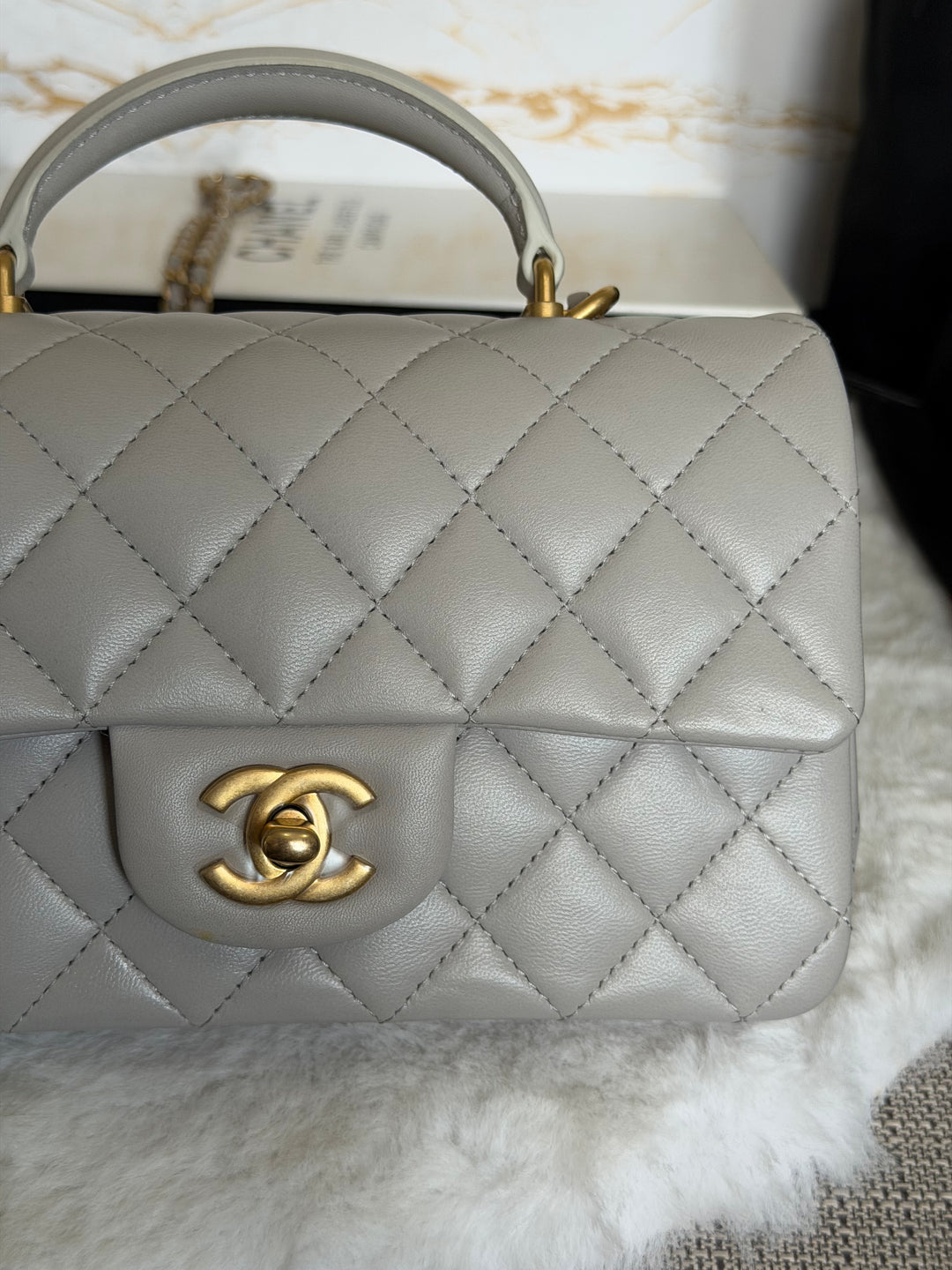 CHANEL Grey Lambskin Aged GHW Top Handle Mini Rectangular Flap Bag 2021 21A collection