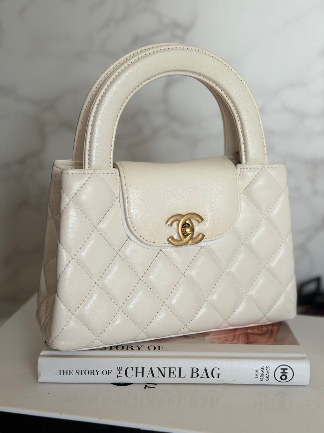 CHANEL White Calf skin Aged GHW Kelly Shopping Bag Size Small 2026