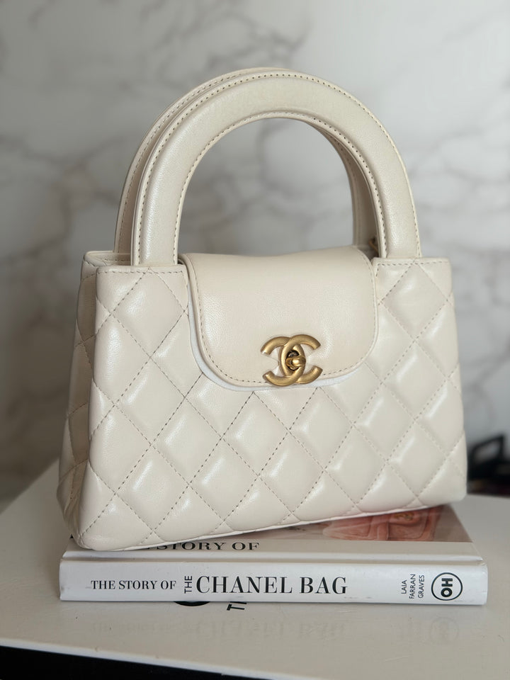 CHANEL White Calf skin Aged GHW Kelly Shopping Bag Size Small 2026
