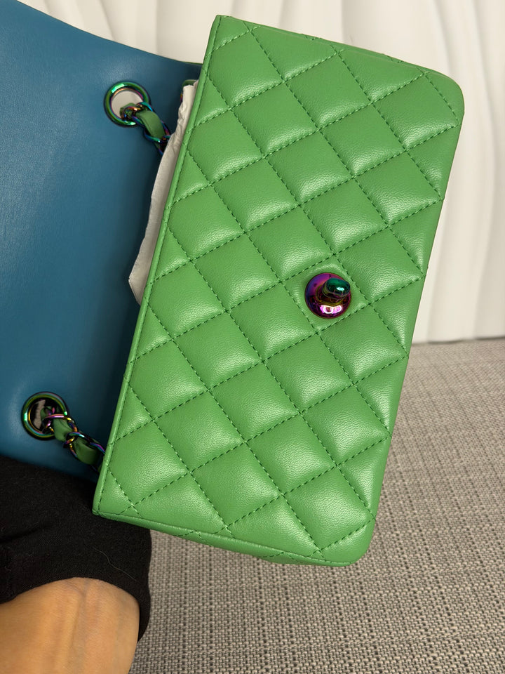 CHANEL series 31 21P Two Tone Green Blue Lambskin Rainbow Iridescent Hardware Mini Rectangular Flap Bag 2021