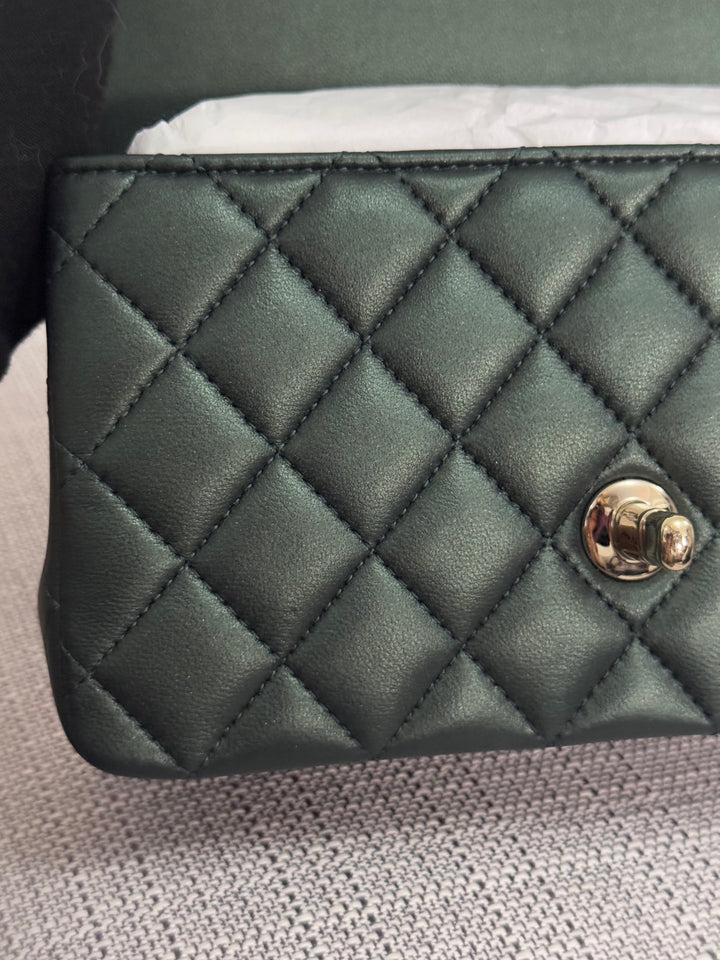 Chanel Iridescent Dark Green Lambskin Mini Rectangular Flap Bag with Top Handle and Champagne GHW
