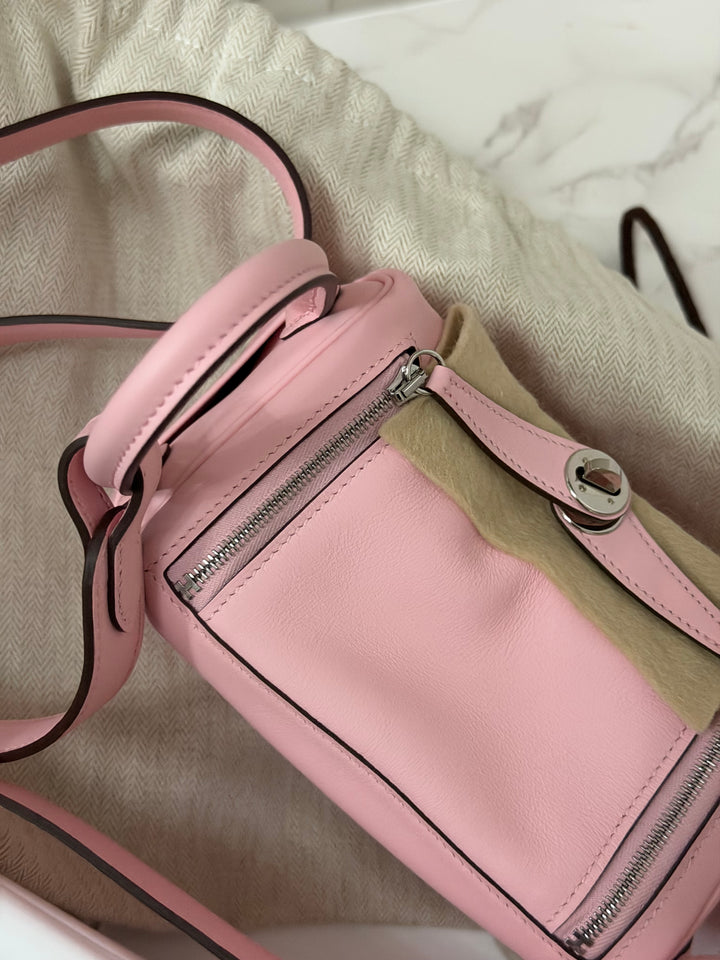 Hermes Mini Lindy Rose Sakura Swift leather PHW Stamp B 2024 *Rare combo*