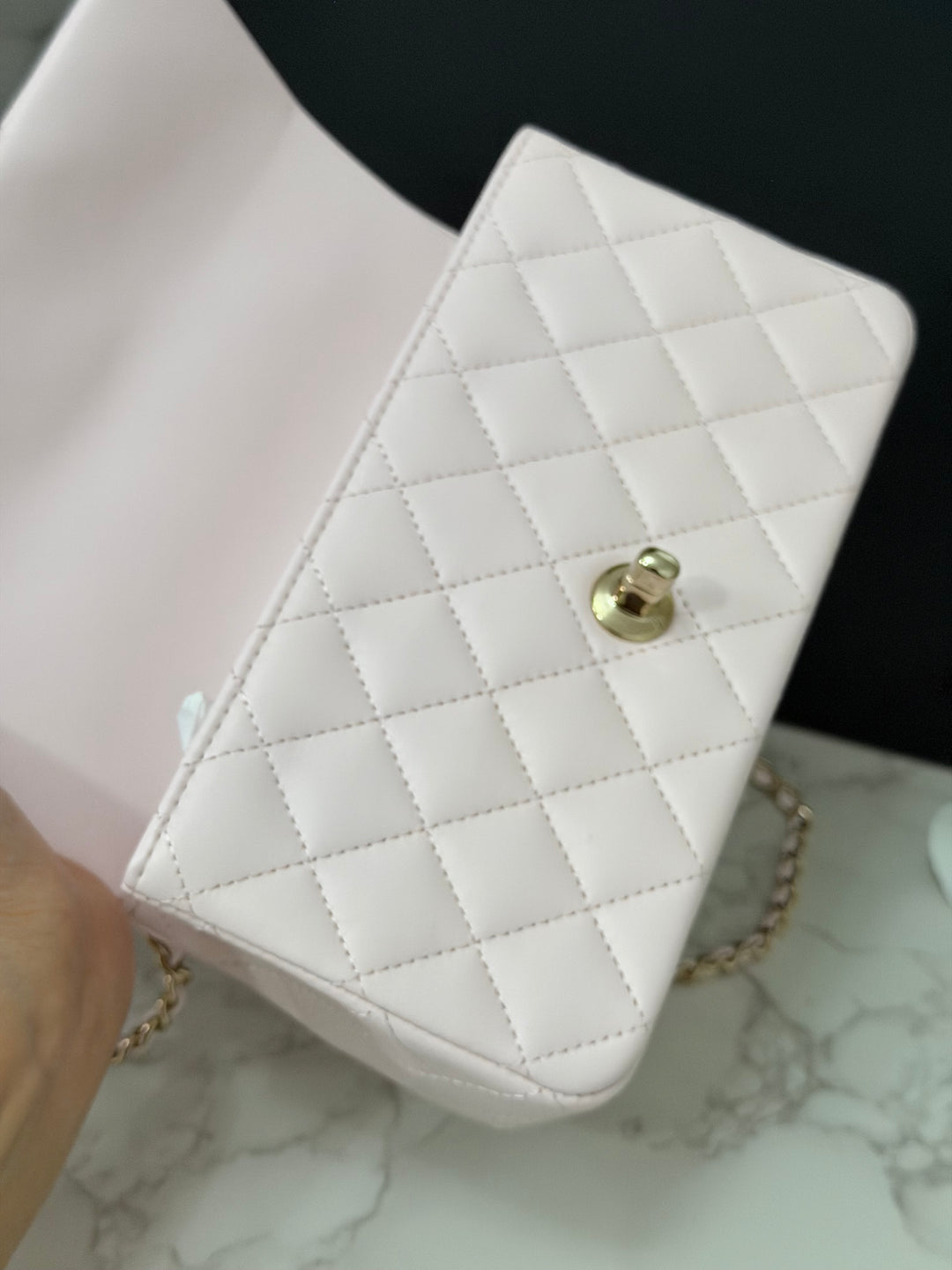 CHANEL 22P 2022 Sakura Light Pink Lambskin LGHW Mini Rectangular Flap Bag with Top Handle