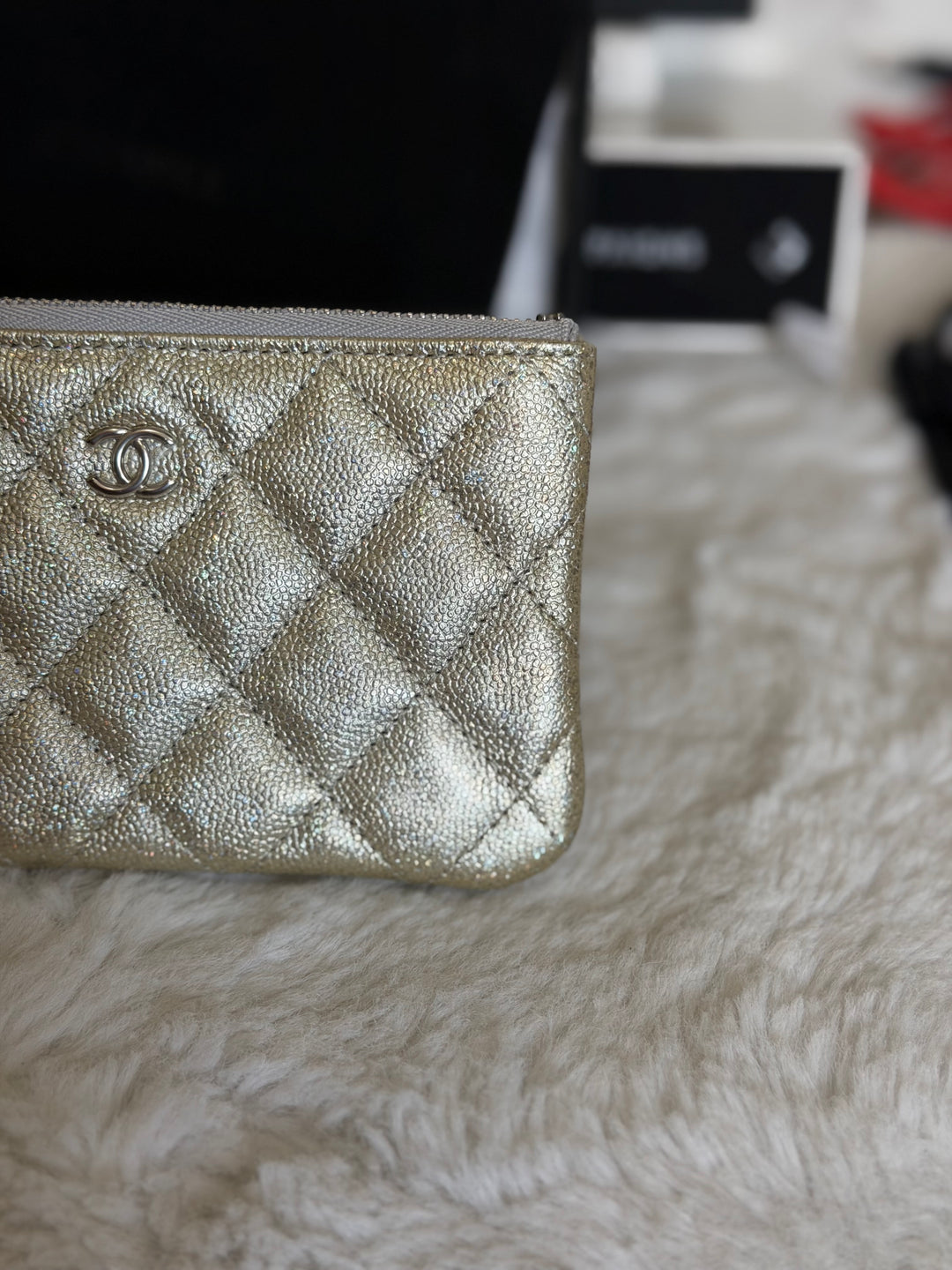 CHANEL 21K Glittery Silver Caviar SHW Mini O Case/Pouch 2021
