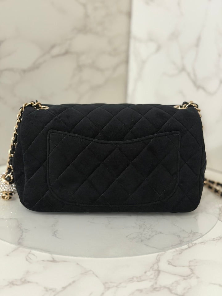 CHANEL series 30 20K collection 2020 Black Velvet Crystal Pearl Crush Adjustable Strap LGHW Mini Rectangular Flap Bag
