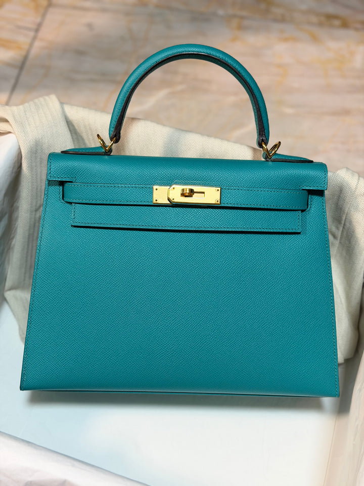 Hermes Kelly 28 Sellier Epsom Leather SO Bleu Paon GHW Stamp D 2019