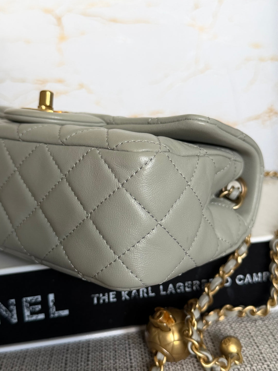 CHANEL Grey Lambskin Aged GHW Pearl Crush Adjustable Chain Mini Rectangular Flap Bag 2021