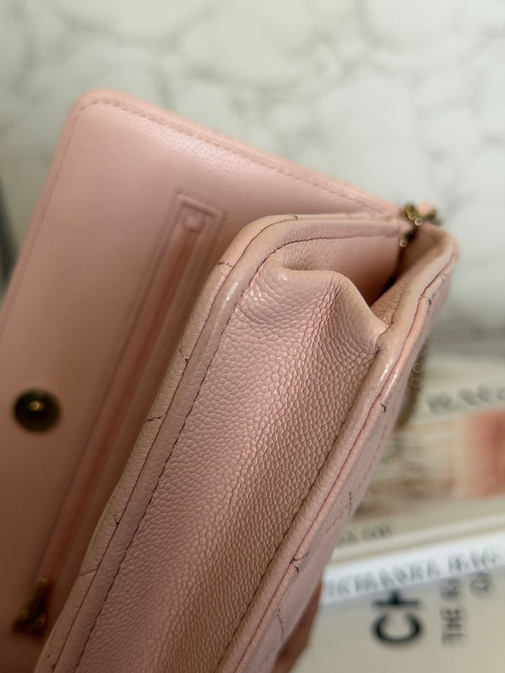 CHANEL Light pink/Nude pink caviar LGHW Classic Wallet on chain (WOC) 2024