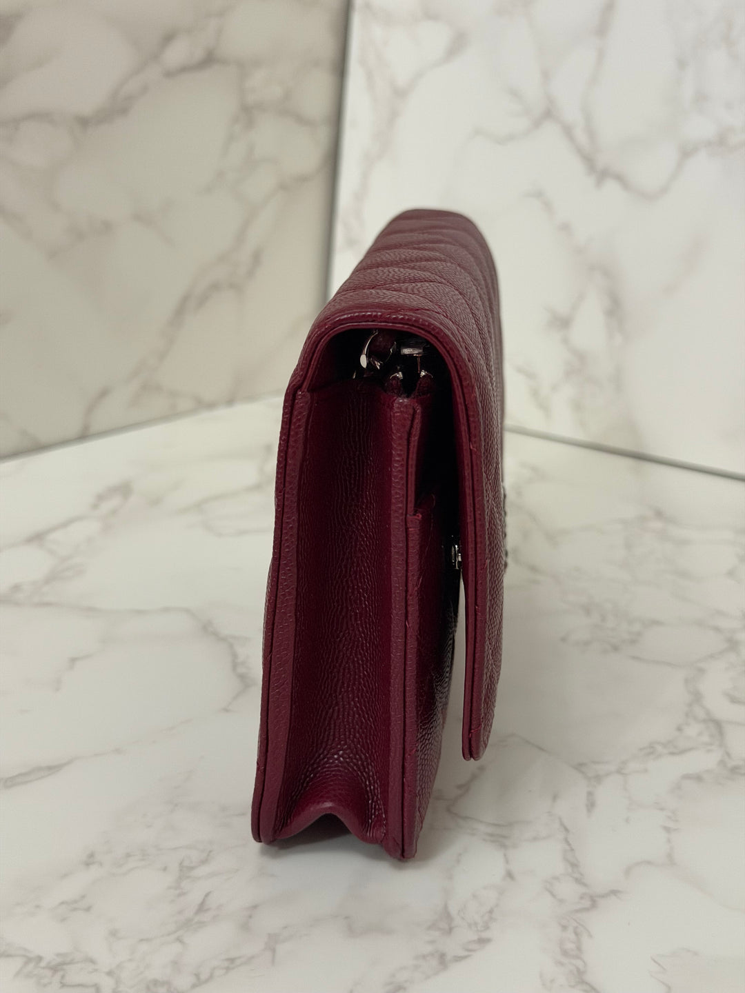 CHANEL 2024 Burgundy Caviar SHW Classic Wallet on chain (WOC) with crystal CC Logo