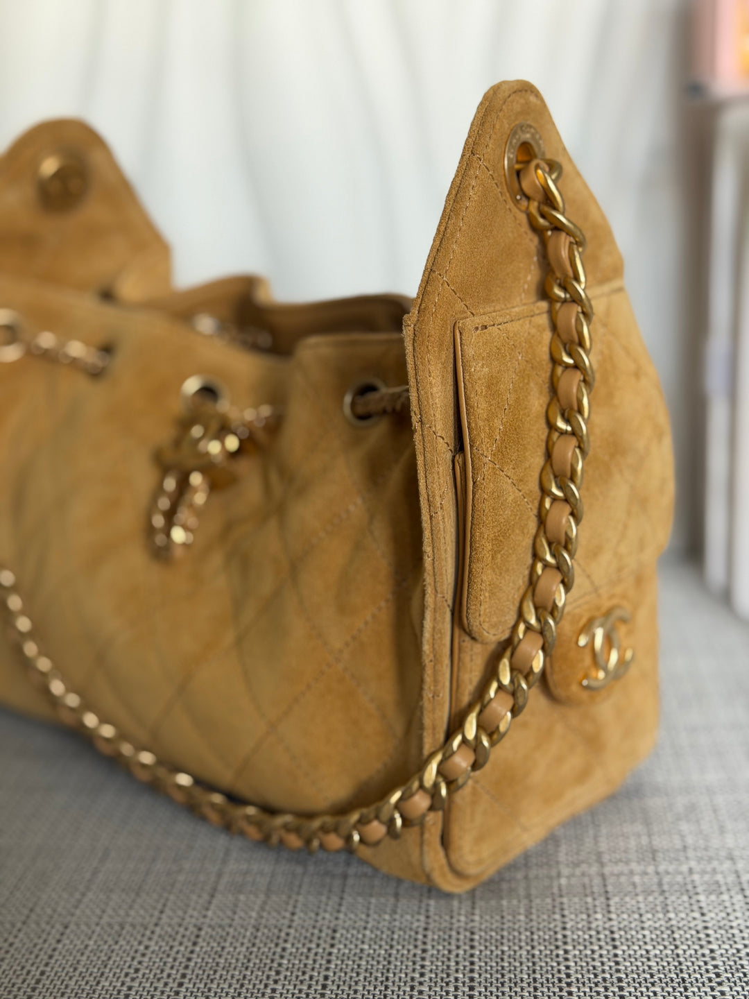 CHANEL 26C Dark Beige Camel Suede U5319 Aged GHW Mini 25 Hobo Bag