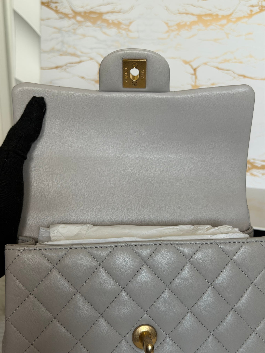 CHANEL Grey Lambskin Aged GHW Top Handle Mini Rectangular Flap Bag 2021 21A collection
