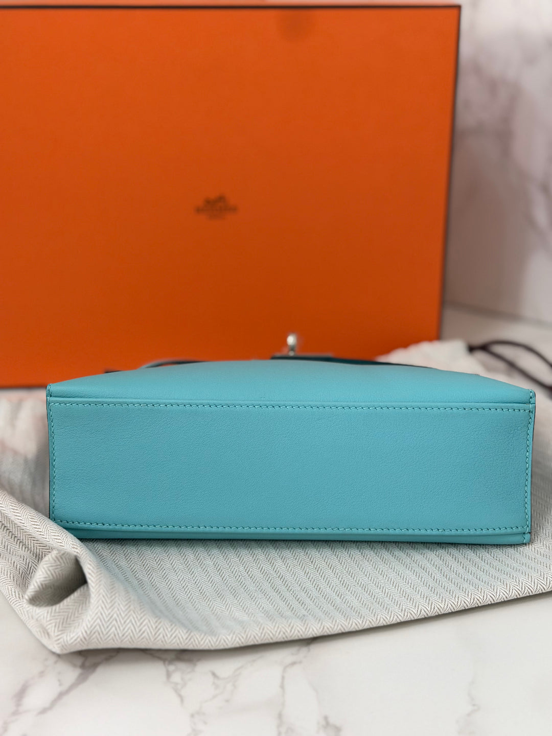 Hermès Kelly Pochette Swift Leather in Bleu Atoll 3P PHW Palladium Hardware Stamp T