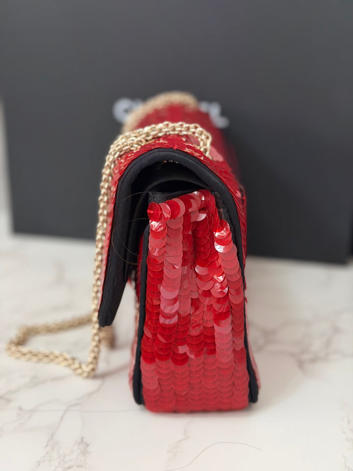 CHANEL series 13 2010 Red Sequin and Black Satin Paris-Shanghai Medium Flap Bag Gold Hardware