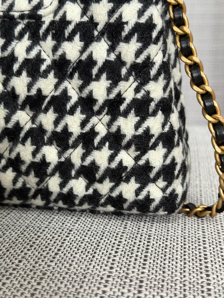 CHANEL 24A 2024 Black and White Houndstooth Tweed Kelly Small Shopping Bag with Chain Aged GHW