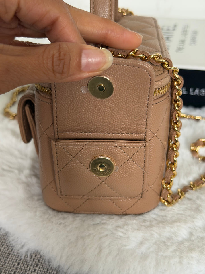 CHANEL Dark Beige Caviar Cargo Polly Pocket Vanity Case with Top Handle GHW 2023